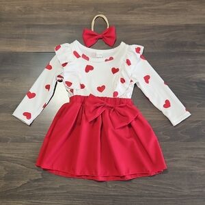 Baby Girl Red White Heart Dress Matching Headband 9-12M